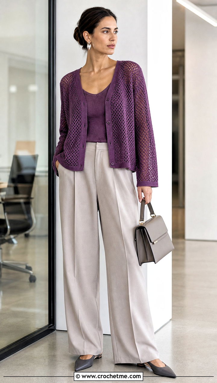 Mesh Crochet Cardigan With Wide Leg Trousers - 30 short sleeve crochet cardigan outfit ideas