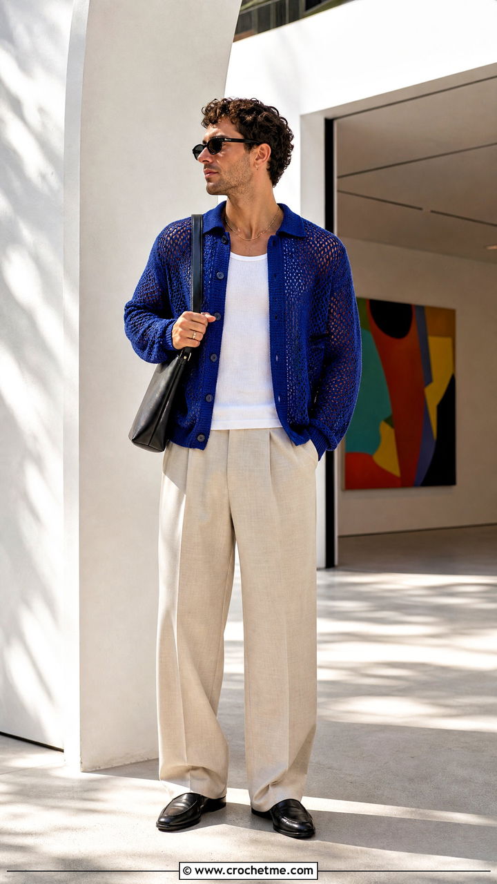 Mesh Crochet Cardigan With Wide Leg Trousers - 35 crochet cardigan men outfit ideas