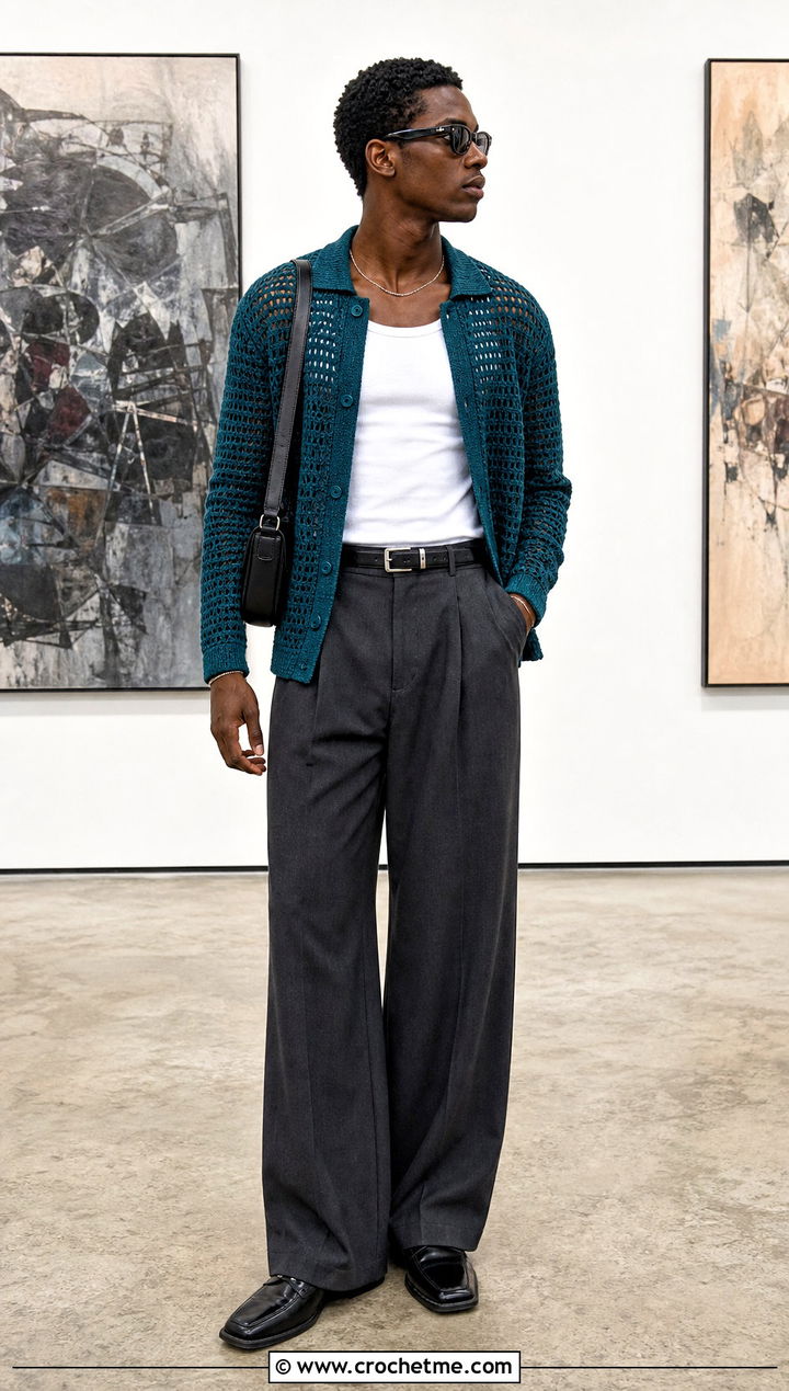 Mesh Crochet Cardigan With Wide Leg Trousers - 30 crochet man cardigan outfit ideas