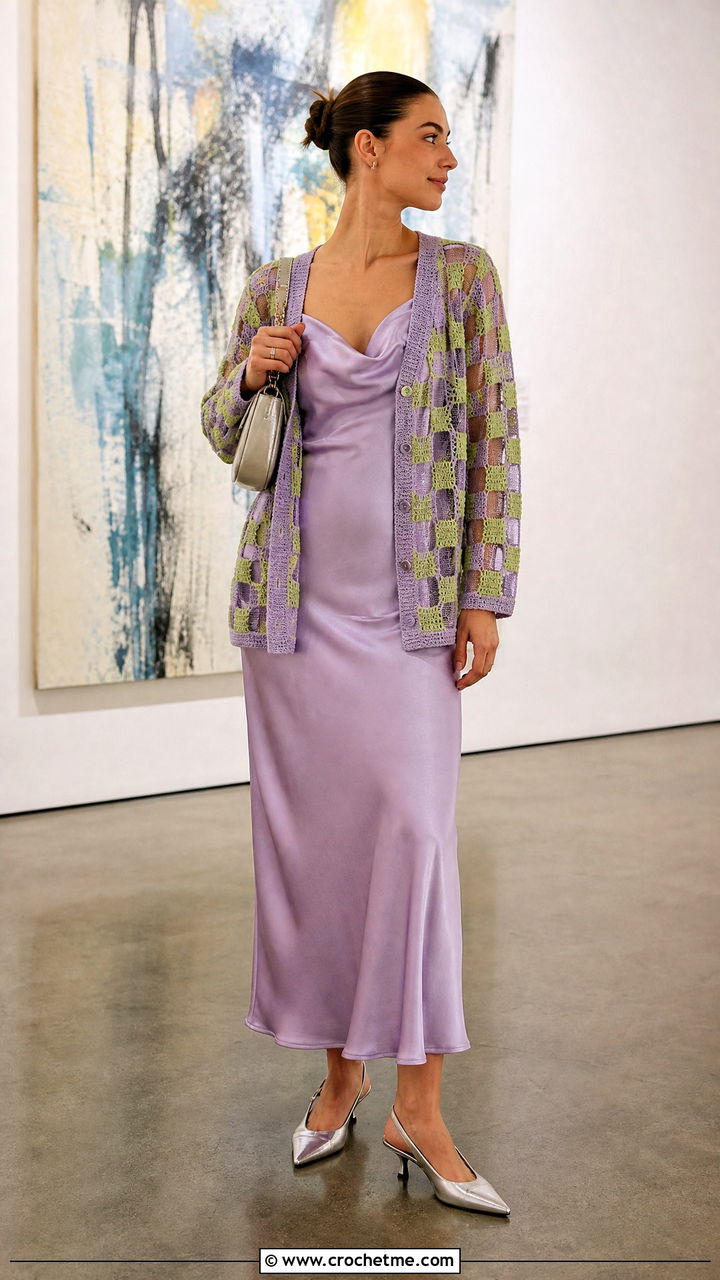 Mesh Crochet Checkered Cardigan With Satin Slip Dress - 35 crochet checkered cardigan outfit ideas