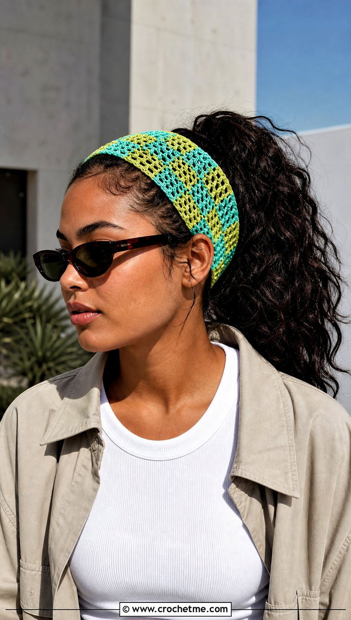 Mesh Crochet Checkered Headband With Tank Top And Cargo Pants - 25 crochet checkered headband outfit ideas