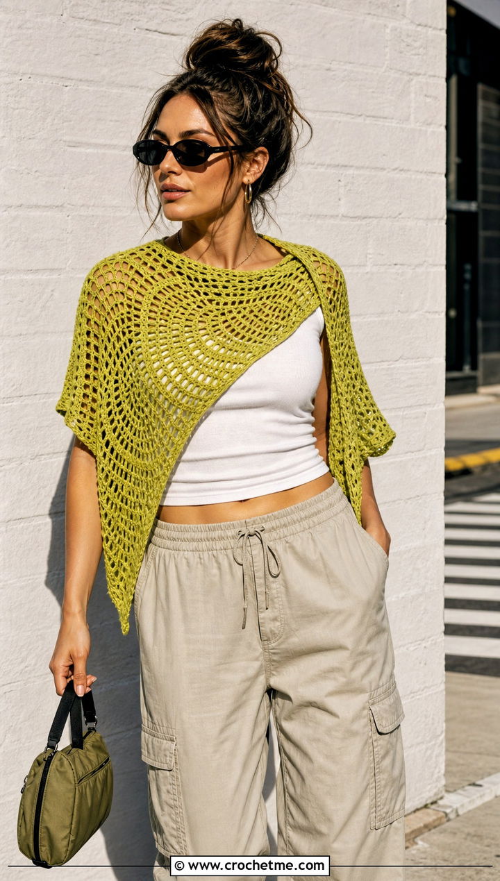 Mesh Crochet Circular Shawl With a Tank And Cargo Pants - 30 crochet circular shawl outfit ideas