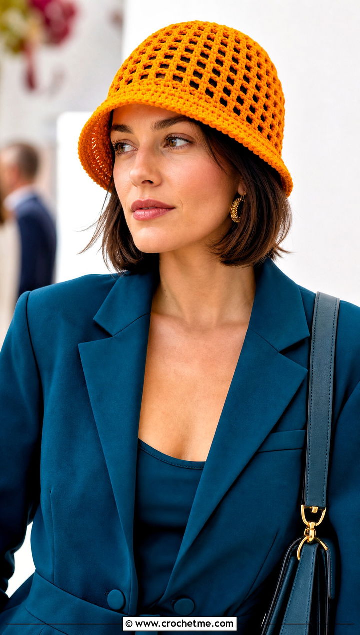 Mesh Crochet Cloche Hat With Blazer Dress - 35 one piece crochet hat outfit ideas