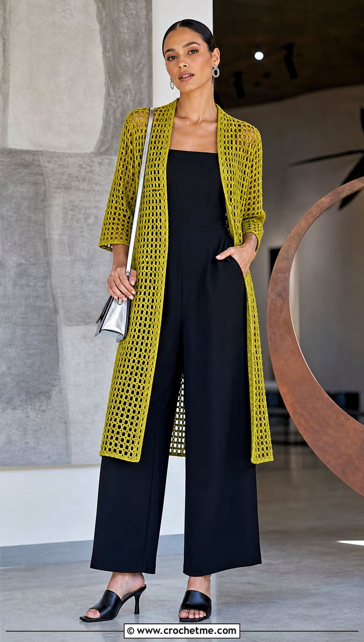 Mesh Crochet Coat With A Monochrome Jumpsuit - 25 Crochet Coat For Women outfit ideas