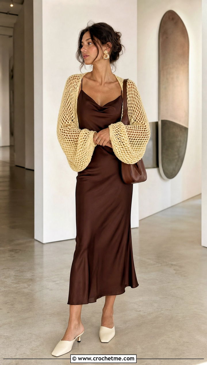 Mesh Crochet Cocoon Shrug With Slip Dress - 25 Easy Crochet Cocoon Shrug outfit ideas
