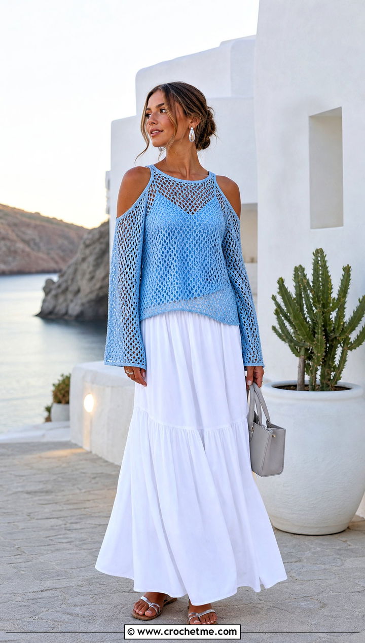 Mesh Crochet Cold Shoulder Top With Maxi Skirt - 35 crochet cold shoulder top outfit ideas