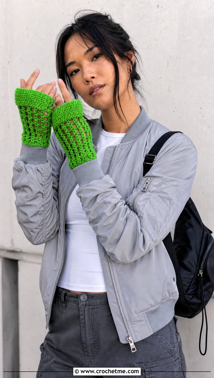 Mesh Crochet Convertible Mittens With Bomber Jacket - 25 Crochet Convertible Mittens outfit ideas