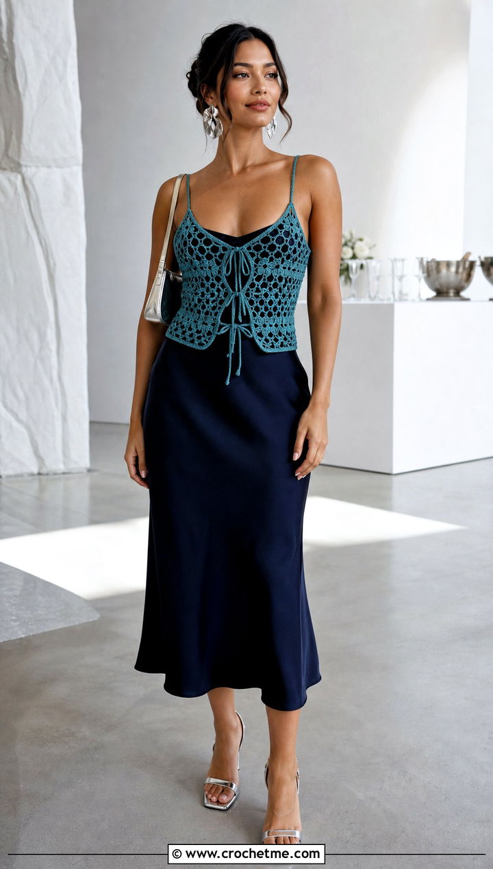 Mesh Crochet Corset Top Over A Slip Dress - 15 Diy Crochet Corset Top outfit ideas