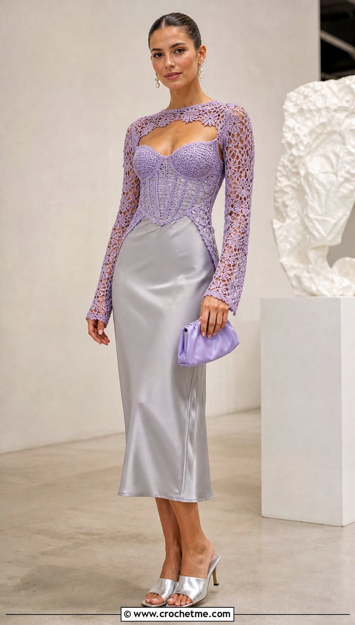Mesh Crochet Corset Top Over A Slip Dress - 25 crochet corset top with sleeves outfit ideas