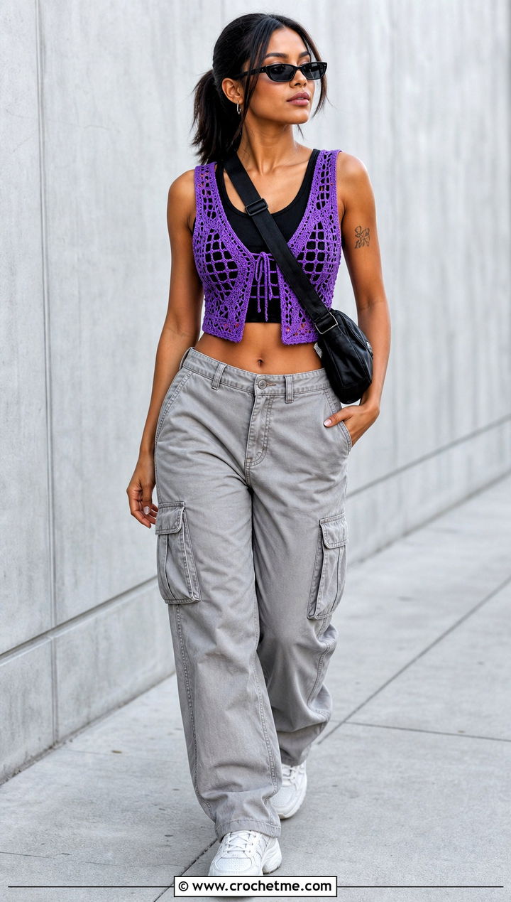 Mesh Crochet Corset Vest With Cargo Pants - 30 crochet corset vest outfit ideas