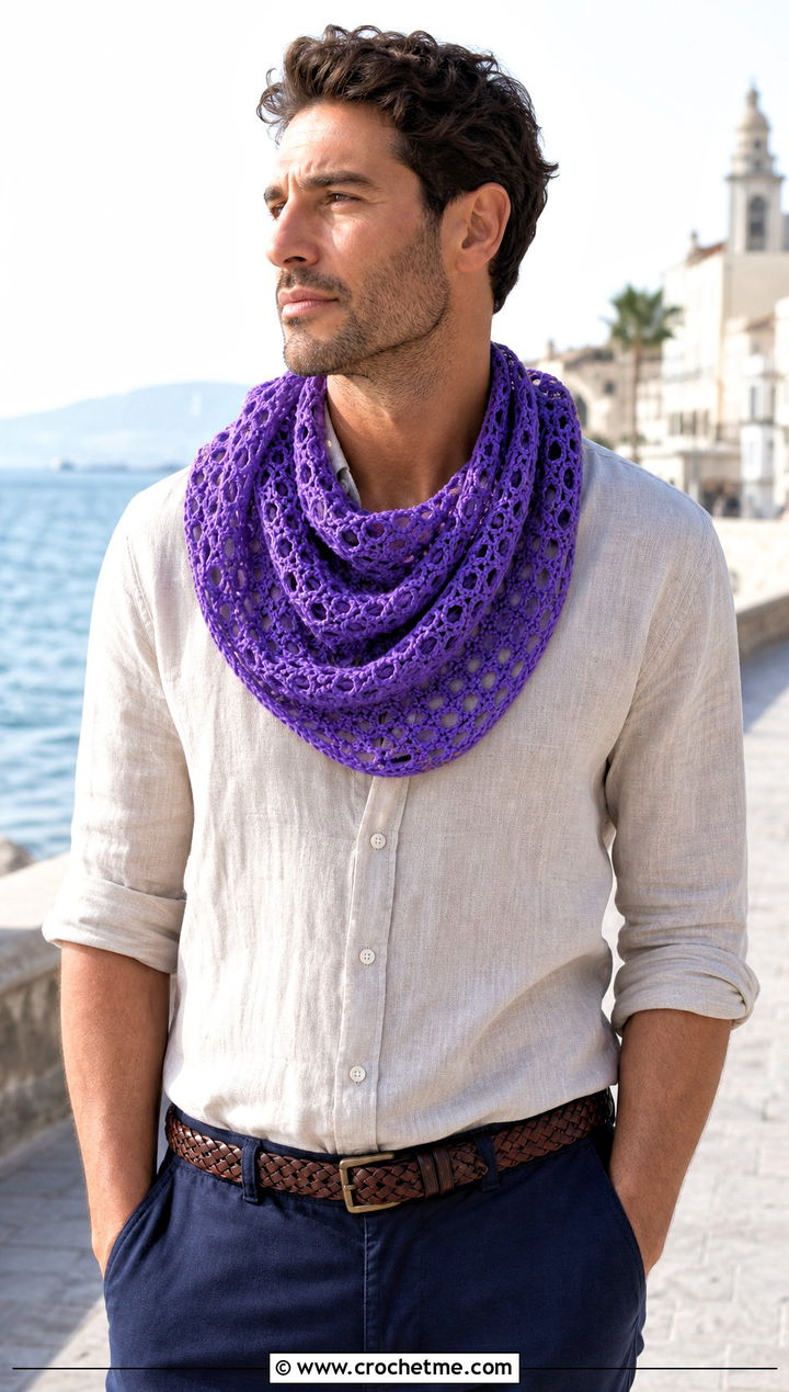 Mesh Crochet Cowl With Linen Shirt - 25 Men Crochet Cowl outfit ideas