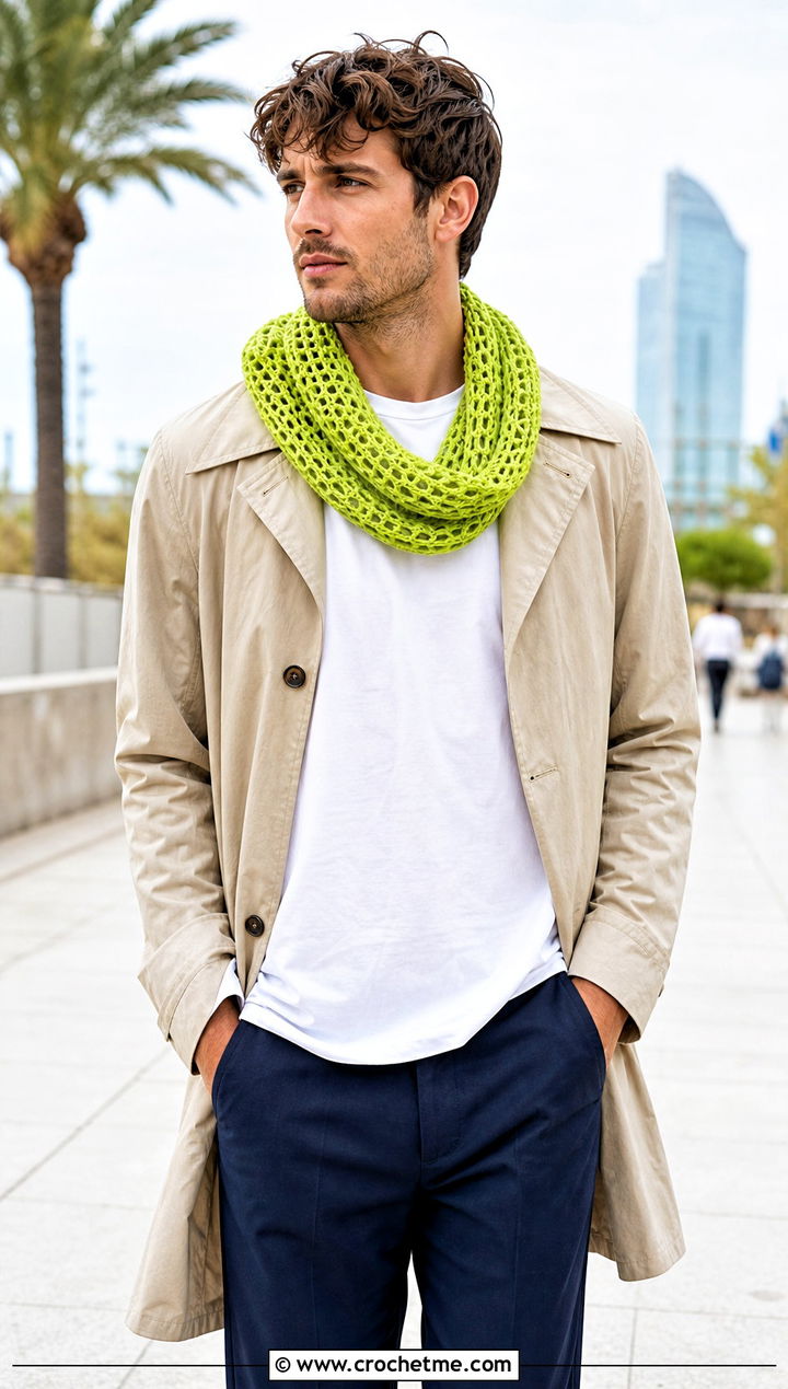 Mesh Crochet Cowl With Trench Coat - 30 crochet cowl for men outfit ideas
