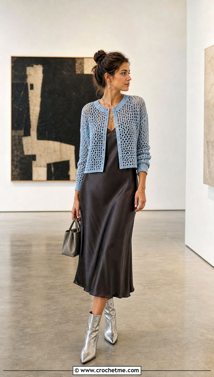 Mesh Crochet Crew Neck Cardigan With Slip Dress - 20 crochet crew neck cardigan outfit ideas