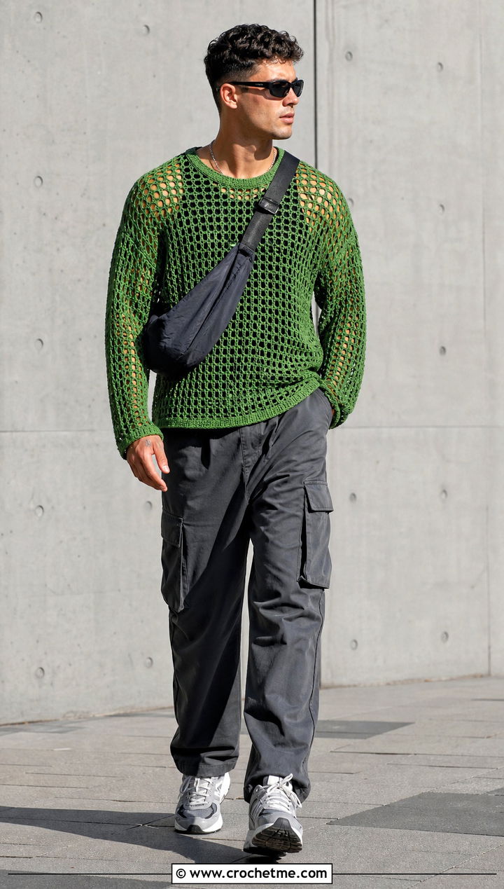 Mesh Crochet Crewneck Top With Cargo Pants - 35 Mens Crochet Top outfit ideas