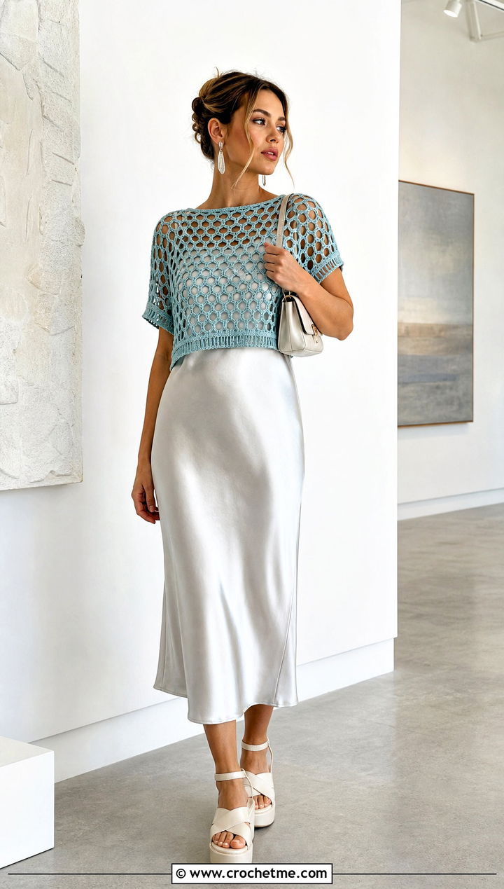 Mesh Crochet Crop Top Over A Slip Dress - 25 crocheting crop top outfit ideas