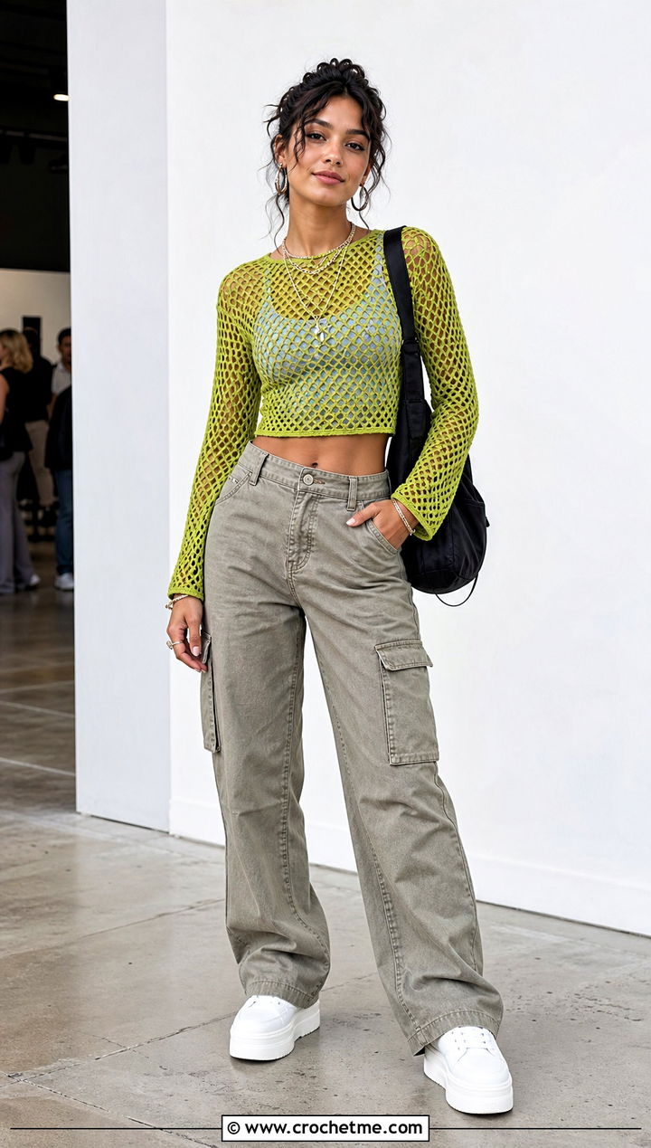Mesh Crochet Crop Top With Cargo Pants - 25 Crochet Summer Crop Tops outfit ideas