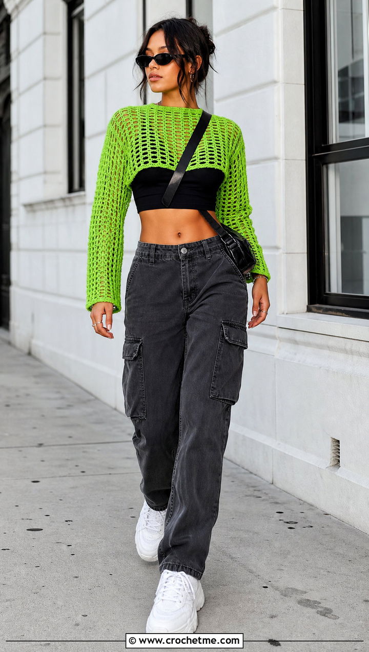 Mesh Crochet Crop Top With Cargo Pants - 25 mesh crochet outfit ideas