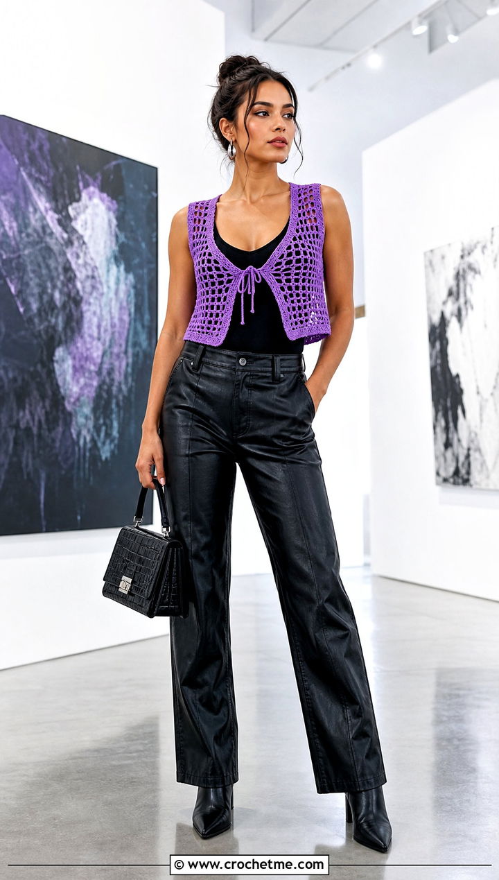 Mesh Crochet Crop Vest With Leather Pants - 30 crochet crop vest outfit ideas
