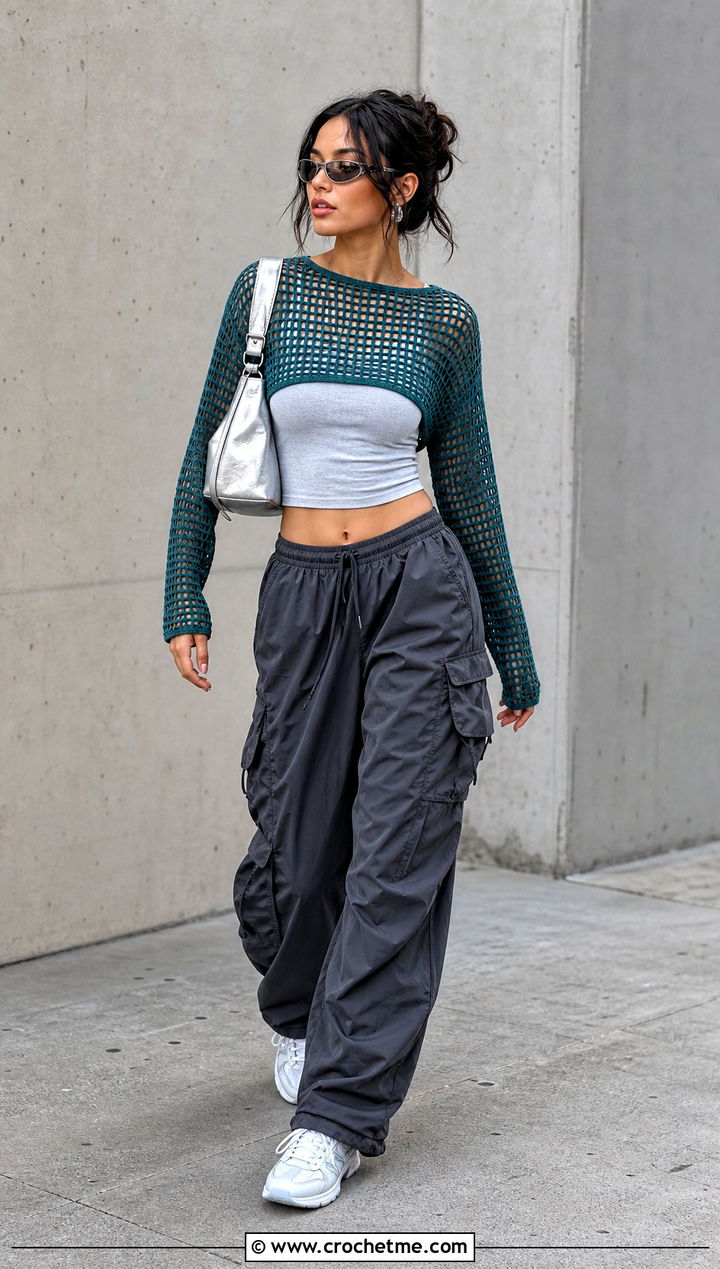 Mesh Crochet Cropped Shirt With Cargo Pants - 30 crochet cropped shirt outfit ideas