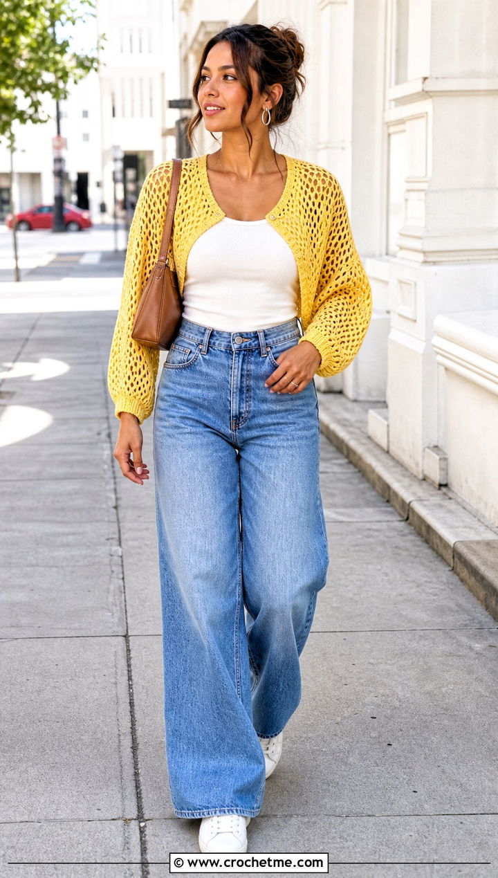 Mesh Crochet Cropped Shrug With Wide Leg Jeans - 25 Crochet Cropped Shrug outfit ideas