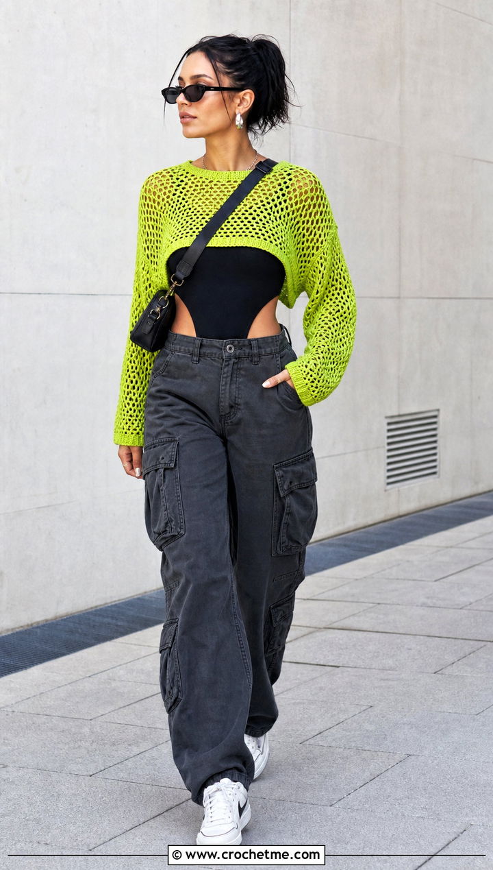Mesh Crochet Cropped Sweater With Cargo Pants - 20 Easy Crochet Cropped Sweater outfit ideas