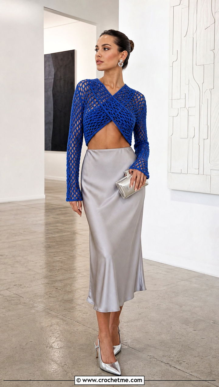 Mesh Crochet Crossover Top With Satin Midi Skirt - 25 crochet cross over top outfit ideas