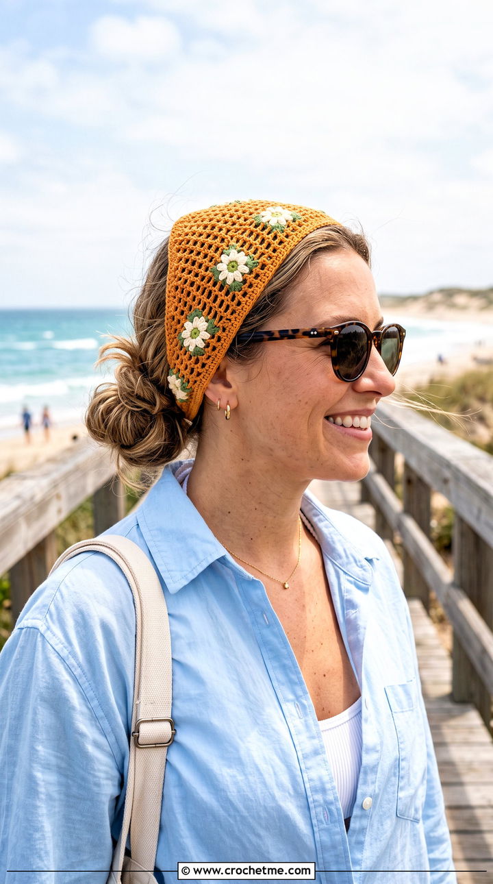 Mesh Crochet Daisy Headband With Beach Shirt And Shorts - 25 Crochet Daisy Headband outfit ideas