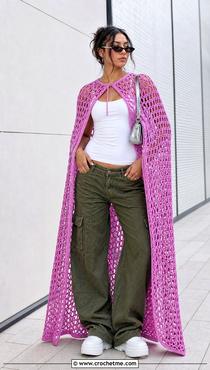 Mesh Crochet Doll Cape With Tank Top And Cargo Pants - 25 Crochet Doll Cape outfit ideas