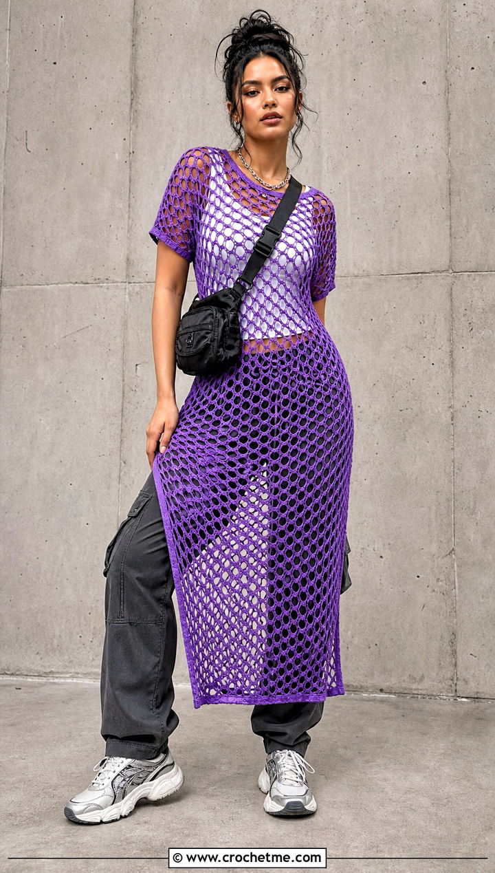 Mesh Crochet Dress With Cargo Pants - 35 Crocheting Dress outfit ideas