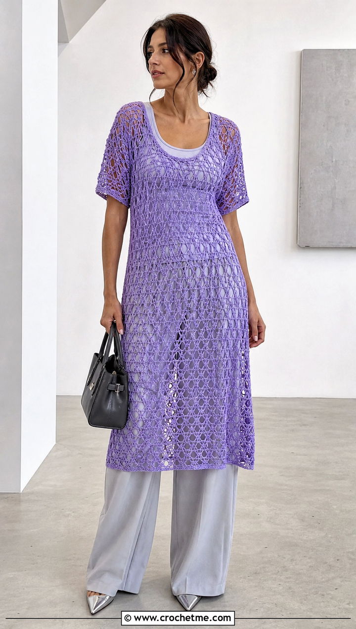 Mesh Crochet Dress With Tailored Trousers - 30 crochet for dresses outfit ideas