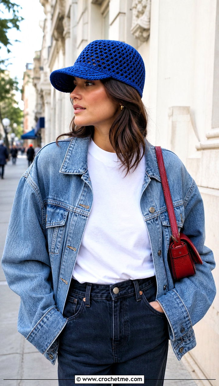 Mesh Crochet Driver Golf Hat With Denim Jacket And Jeans - 25 crochet golf hat outfit ideas