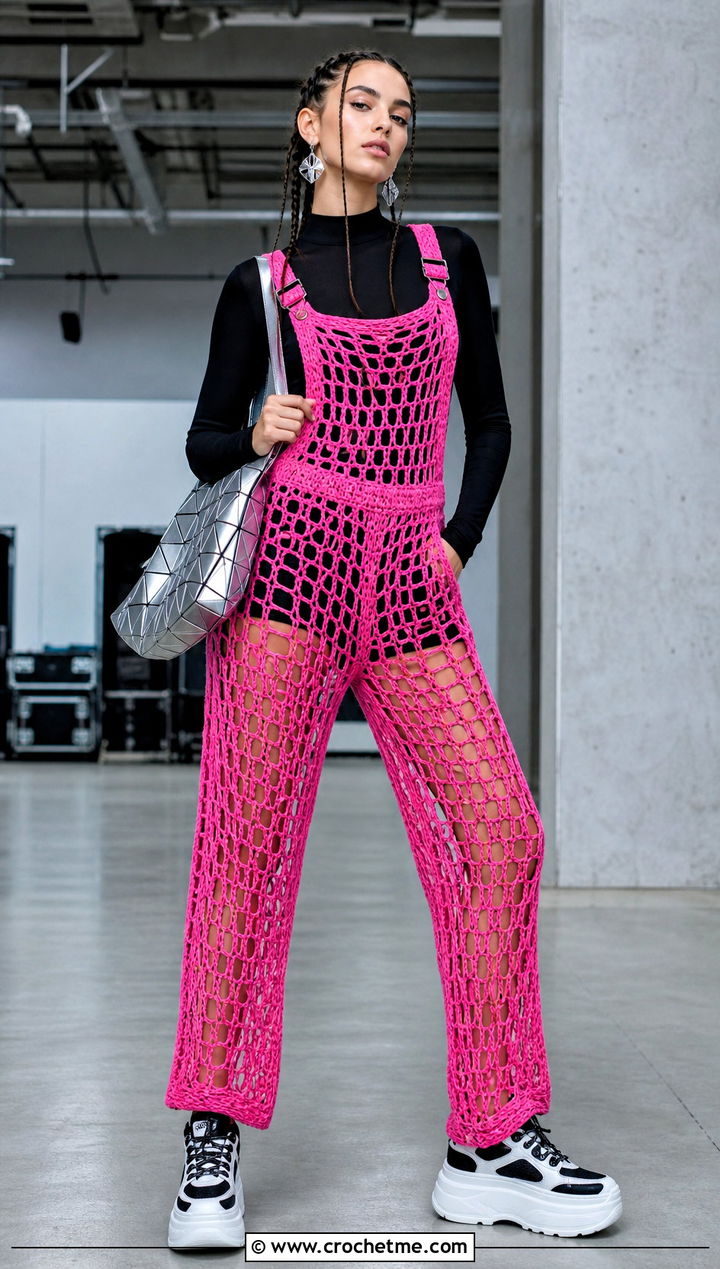 Mesh Crochet Dungarees With Bodysuit - 30 crochet dungarees outfit ideas