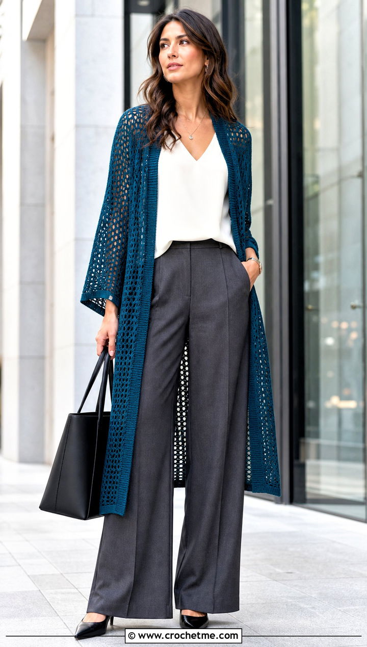 Mesh Crochet Duster Cardigan With Tailored Trousers - 30 crochet long cardigan sweater coats outfit ideas