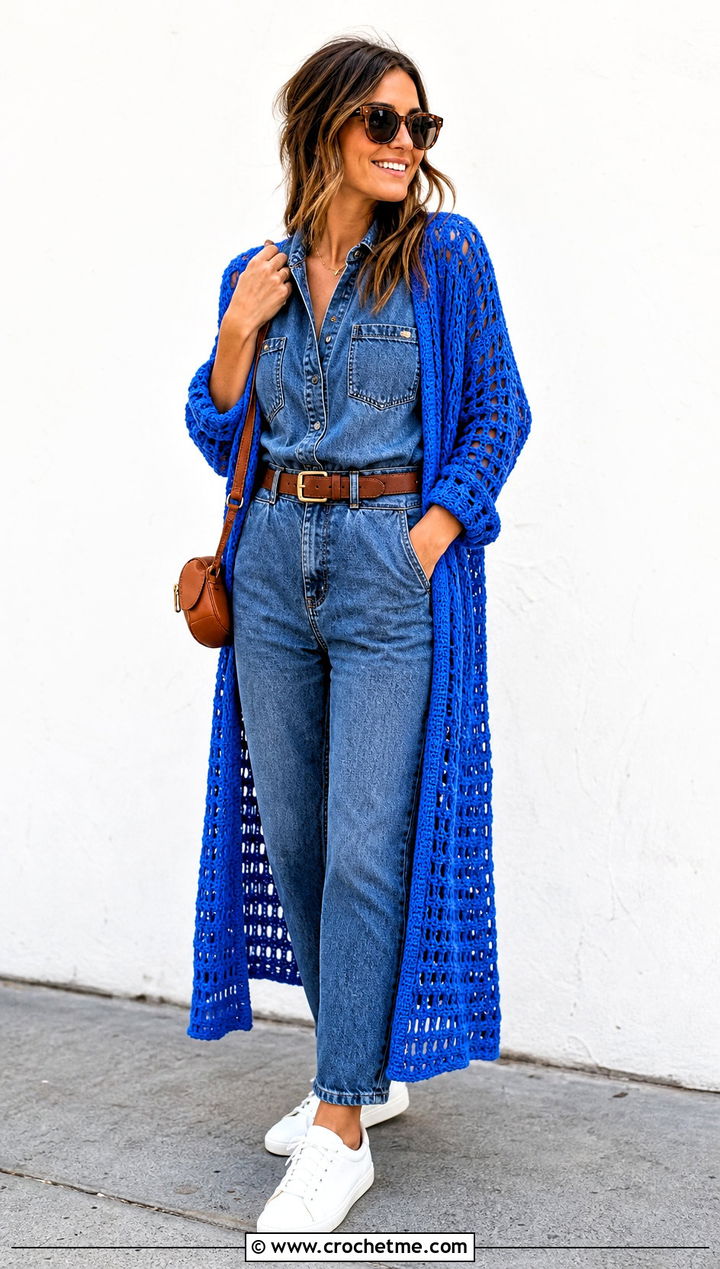 Mesh Crochet Duster With Denim Jumpsuit - 30 long crochet cardigan outfit ideas