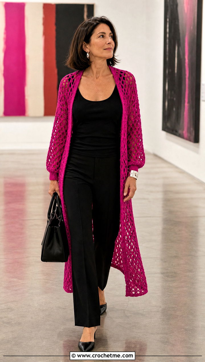 Mesh Crochet Duster With Monochrome Basics - 25 mesh crochet outfit ideas