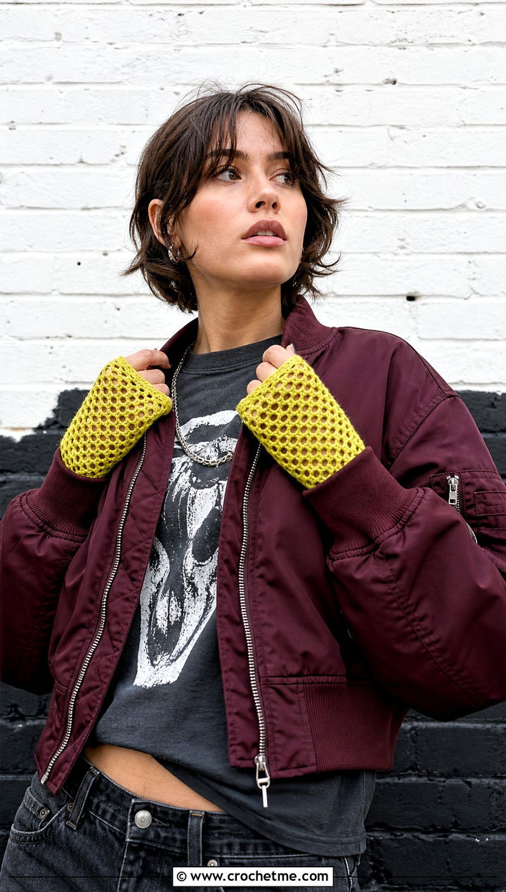 Mesh Crochet Fingerless Gloves With Graphic T Shirt - 35 crochet gloves fingers outfit ideas