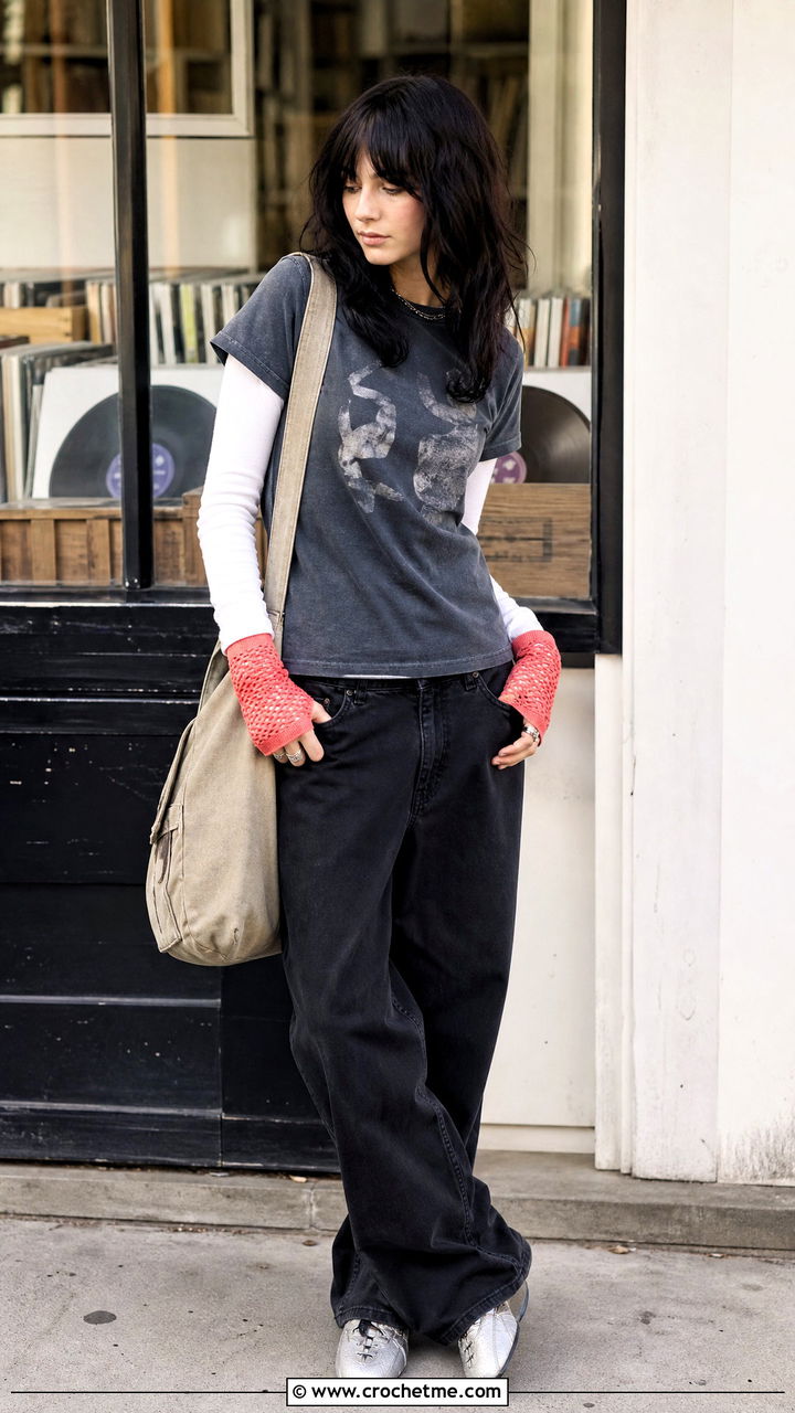 Mesh Crochet Fingerless Gloves With Graphic Tee - 35 crochet hand warmers outfit ideas