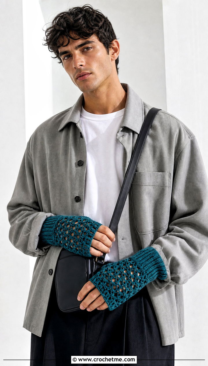 Mesh Crochet Fingerless Gloves With Overshirt - 25 Crochet Mens Fingerless Gloves outfit ideas