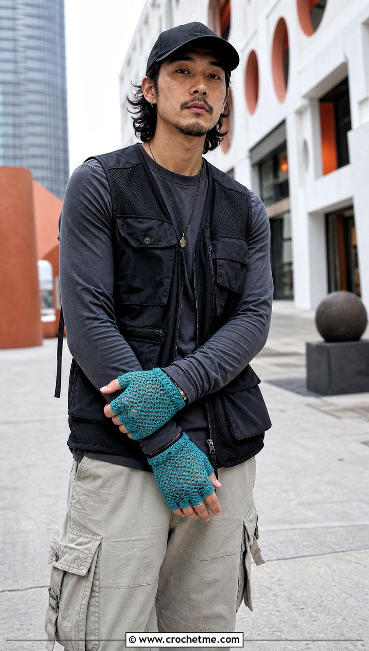 Mesh Crochet Fingerless Gloves With Utility Vest - 25 Crochet Mens Gloves outfit ideas
