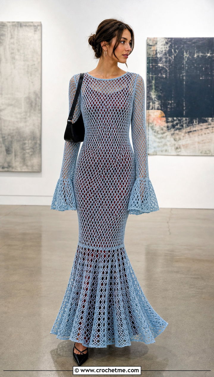 Mesh Crochet Fishtail Flare Sleeve Maxi Dress With Slip Layer - 20 Crochet Fishtail Flare Sleeve Maxi Dress outfit ideas