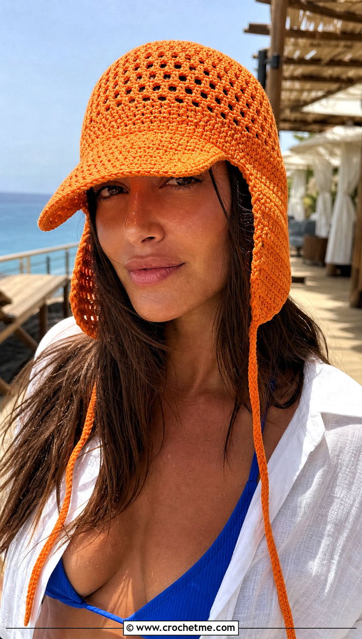 Mesh Crochet Flap Hat With Beach Cover Up - 30 crochet flap hat outfit ideas