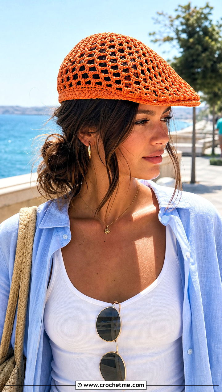 Mesh Crochet Flat Cap With Linen Shirt And Shorts - 25 crochet flat cap outfit ideas