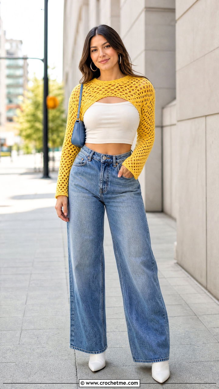 Mesh Crochet Full Sleeve Top With Wide Leg Jeans - 35 crochet full sleeve top outfit ideas