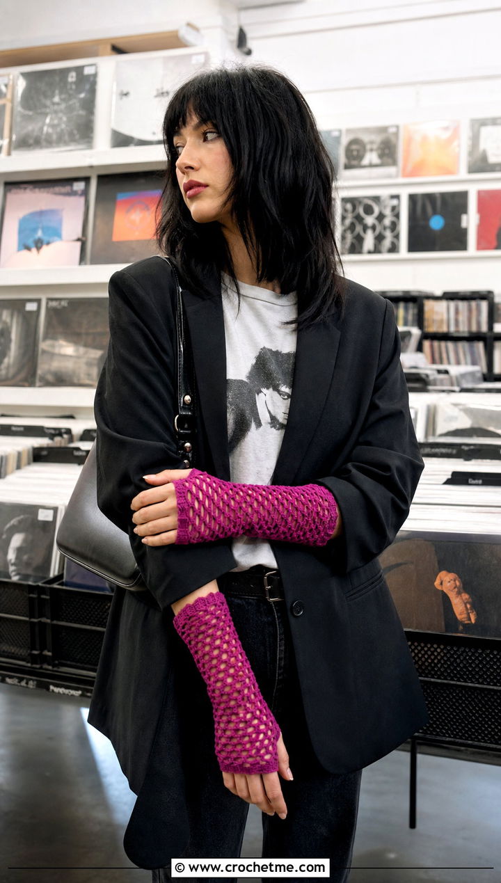 Mesh Crochet Gauntlet Mitts With Graphic Tee - 30 crochet half gloves fingerless mitts outfit ideas
