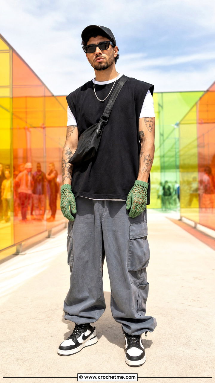 Mesh Crochet Gloves With Festival Streetwear - 35 crochet gloves for men outfit ideas