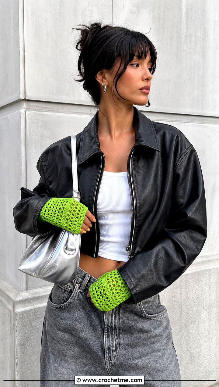 Mesh Crochet Gloves With Leather Jacket - 25 crocheted gloves outfit ideas