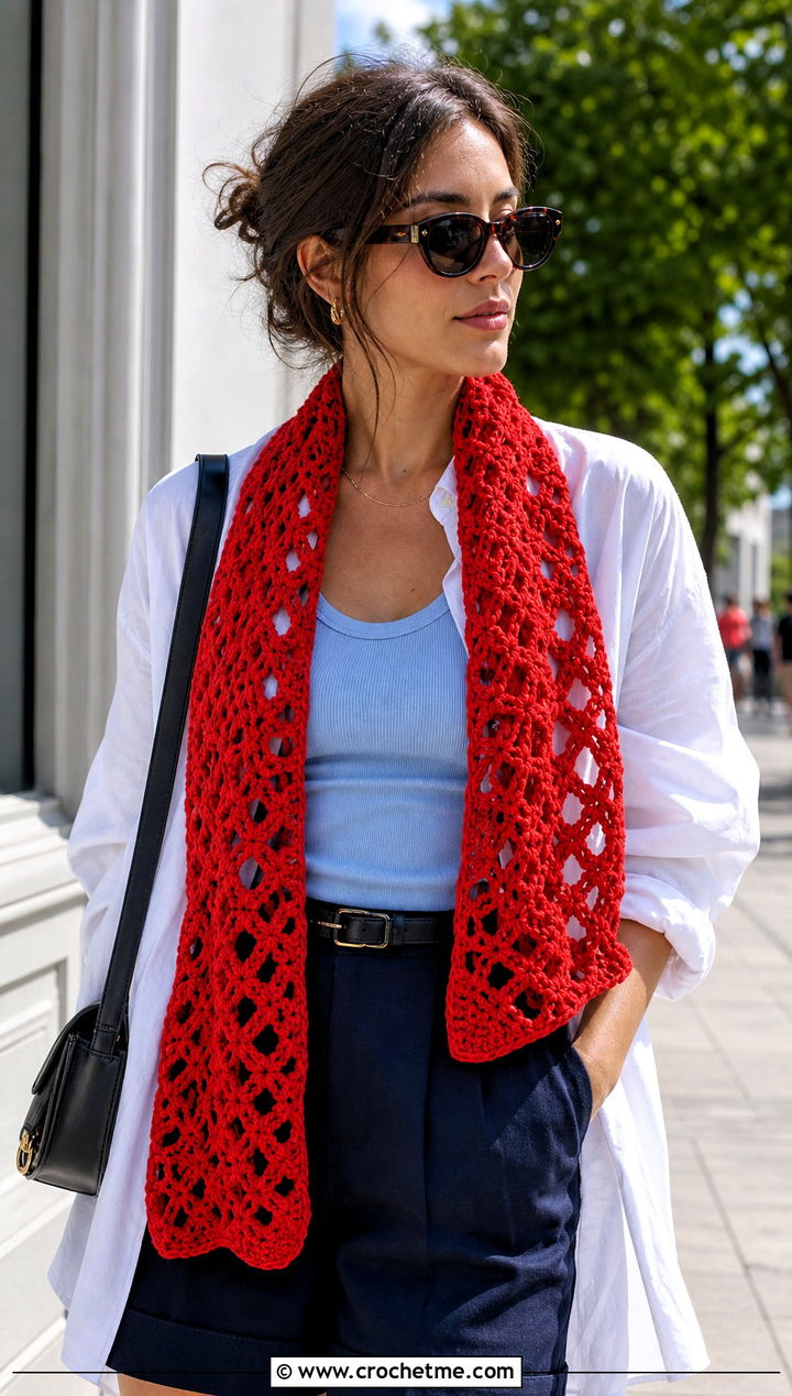 Mesh Crochet Granny Stitch Scarf With Shirt And Shorts - 30 crochet granny stitch scarf outfit ideas
