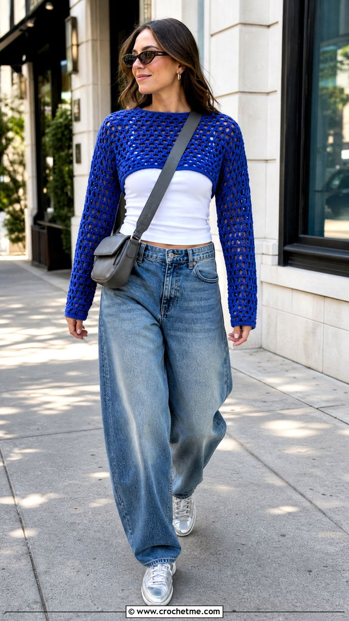 Mesh Crochet Half Sweater With Barrel Jeans - 35 crochet half sweater outfit ideas
