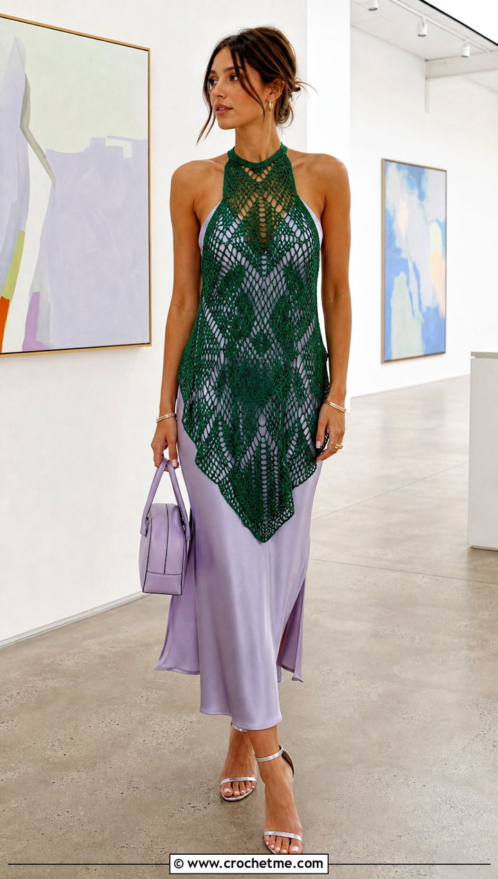 Mesh Crochet Halter Neck Top With Slip Dress - 30 crochet halter neck outfit ideas