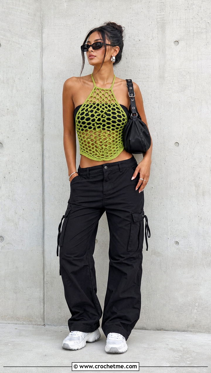 Mesh Crochet Halter Top With Black Cargo Pants - 35 easy crochet halter top outfit ideas